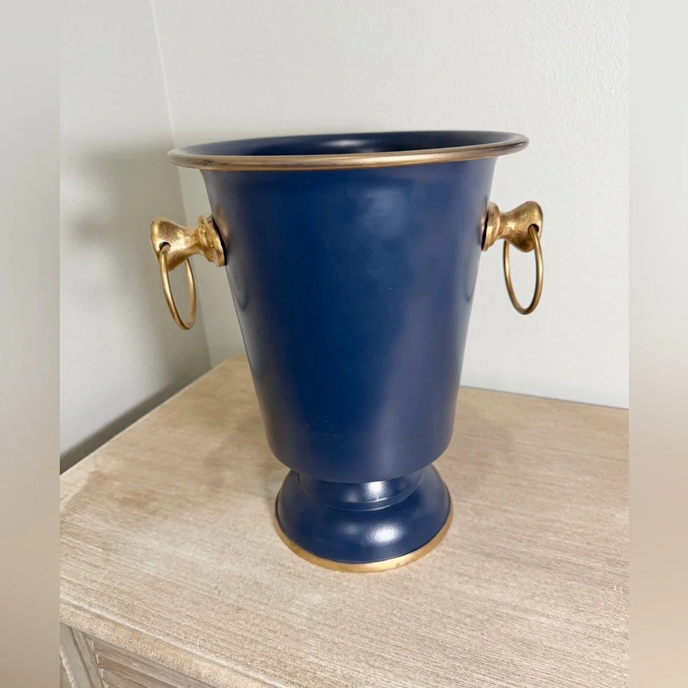 Jaye’s Studio Ice Bucket Colorblock Navy Blue Gold Handle Heavy Base Luxury Home